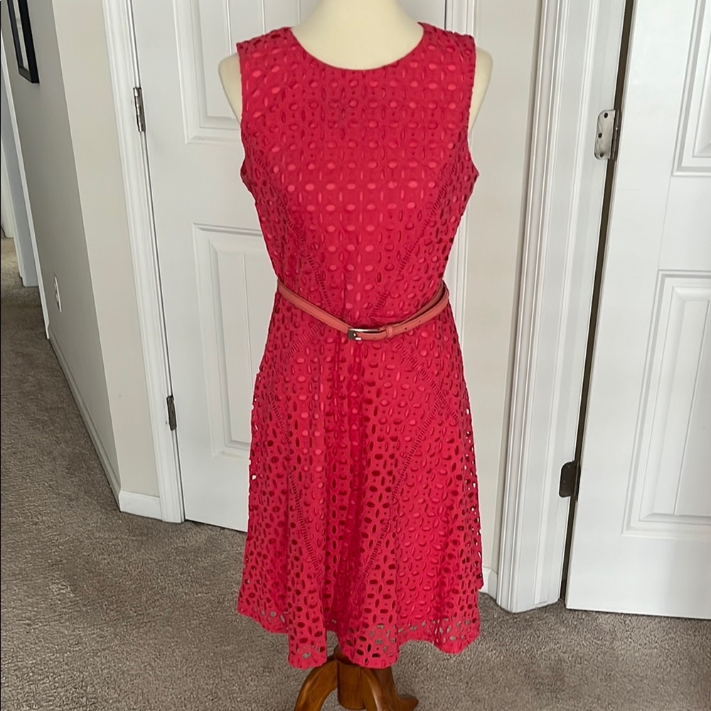Peach eyelet midi dress w/ belt